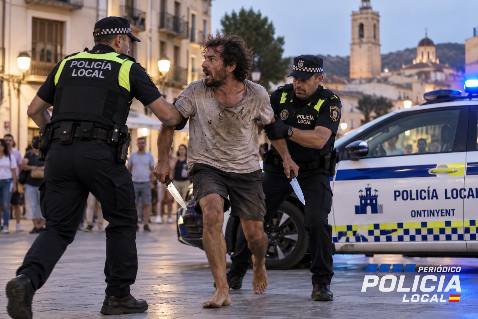 La Policía Local de Ontinyent detiene a un hombre que corría descalzo con dos cuchillos
