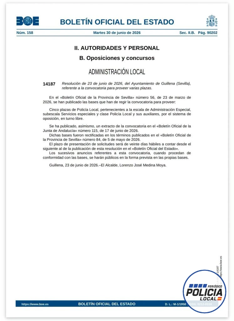 El Ayuntamiento de Guillena convoca cinco nuevas plazas para la Policía Local