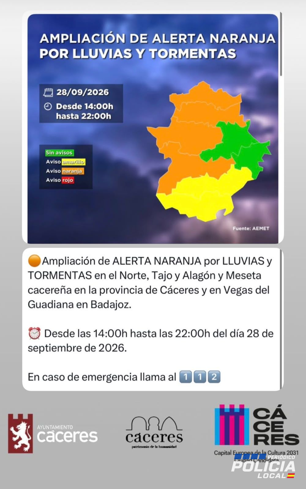 Aviso naranja por lluvias activado en Cáceres: servicios municipales y policía en alerta
